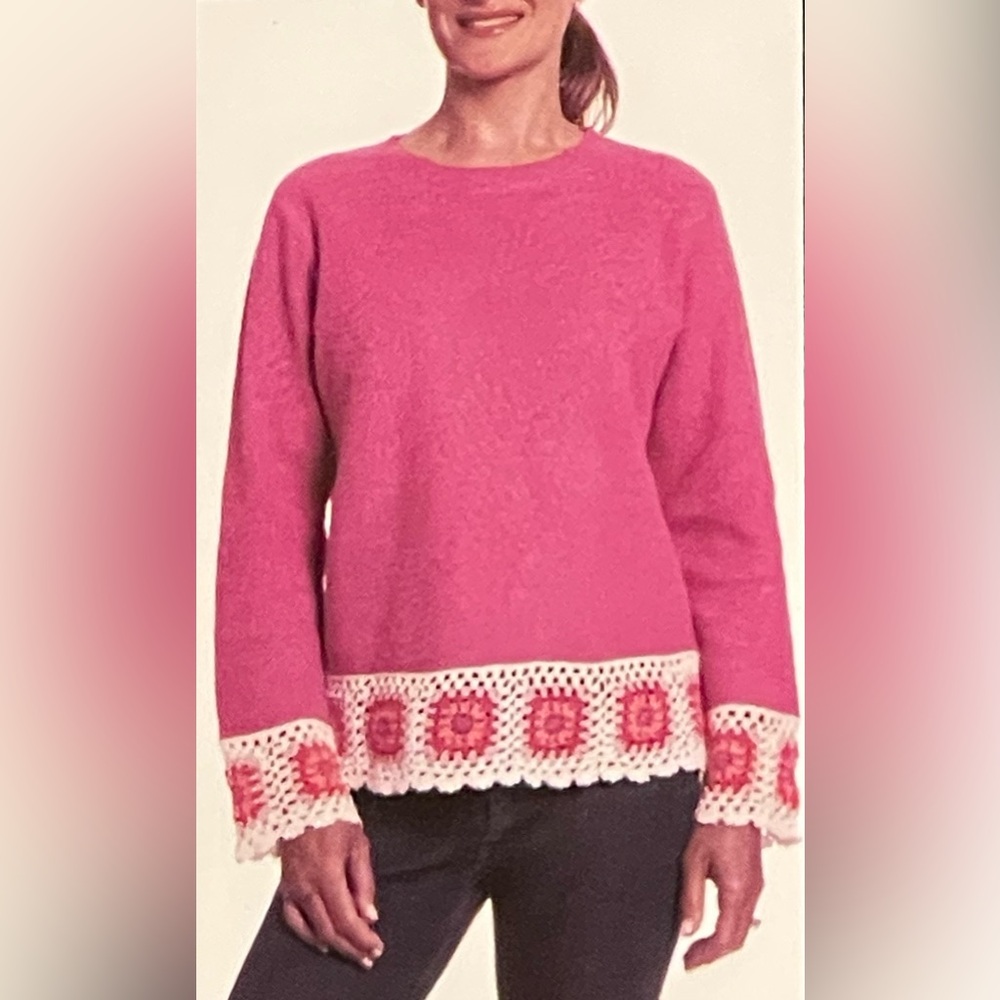🆕 Joseph A. - Sweater with Crochet Granny Squares Trim - Faded Fushia - NWT